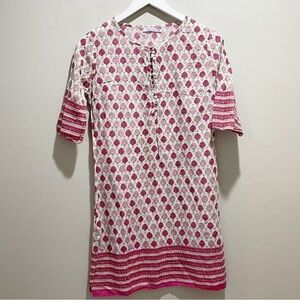 CALYPSO CHRISTIANE CELLE Women’s White Pink Block Print Tunic Top V-Neck Size S